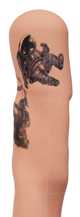 A 3D arm from the AnyTatt studio, seen from the front, wearing an astronaut tattoo on the upper arm.
